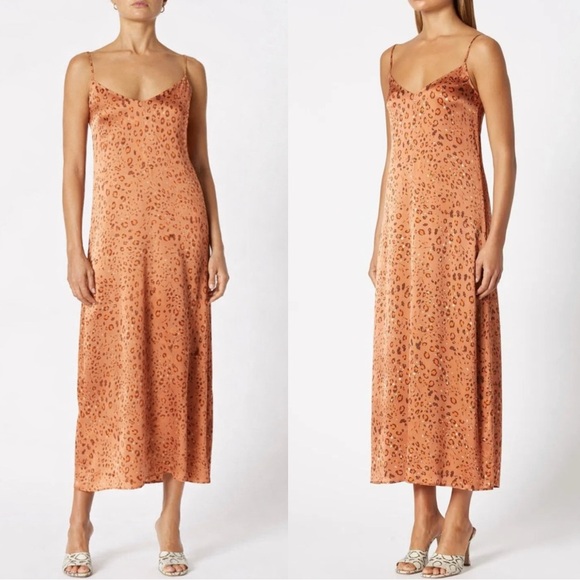Scanlan Theodore Dresses & Skirts - Scanlan Theodore Women Leopard Print Slip Midi Dress Orange Silk Sz 8 US Luxury